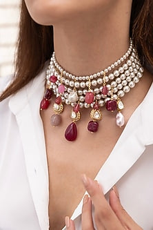 Gold Finish Pearl & Maroon Drop Choker Necklace