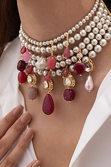 Gold Finish Pearl & Maroon Drop Choker Necklace