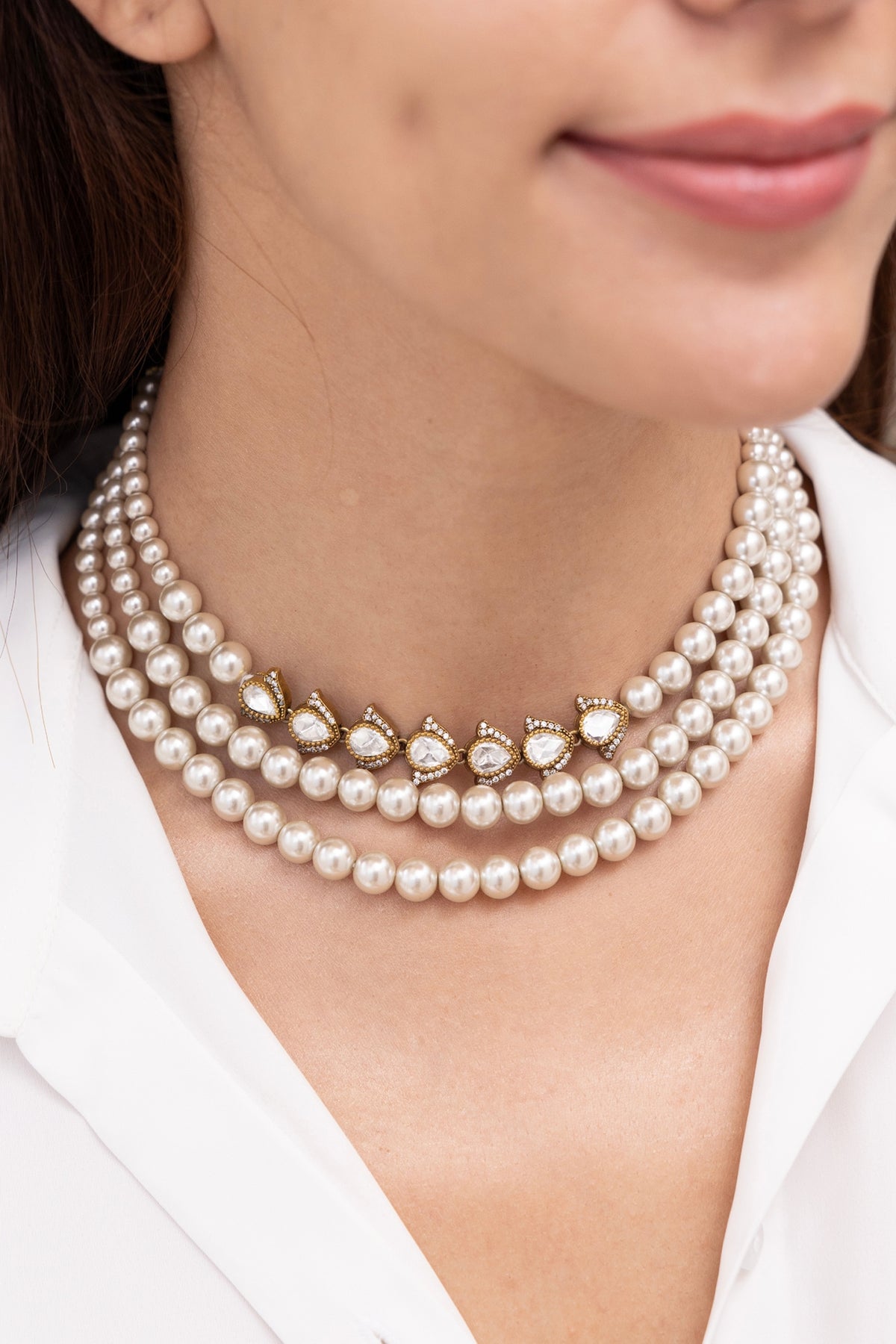 Gold Finish Pearl Layered Choker Necklace