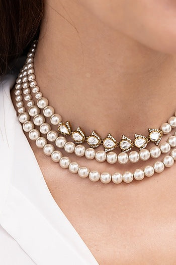 Gold Finish Pearl Layered Choker Necklace