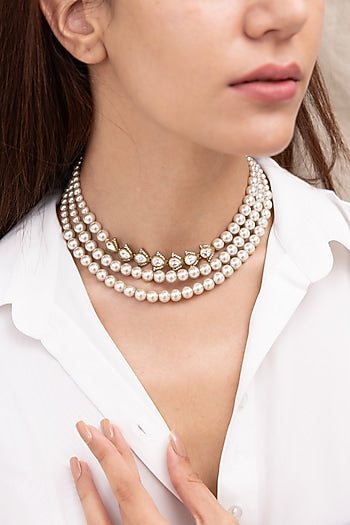 Gold Finish Pearl Layered Choker Necklace