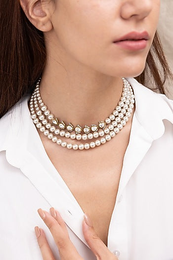 Gold Finish Pearl Layered Choker Necklace