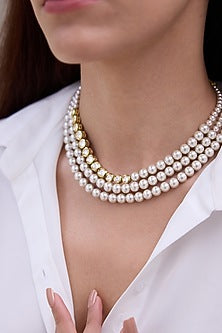 Gold Finish Pearl Layered Choker Necklace