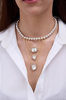 Gold Finish Pearl & Mirror Necklace