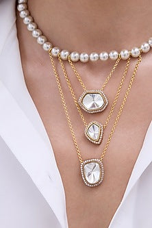 Gold Finish Pearl & Mirror Necklace