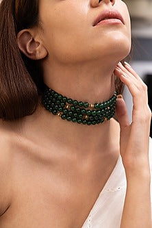 Gold Finish Deep Green Beaded Choker Necklace