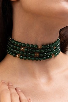 Gold Finish Deep Green Beaded Choker Necklace