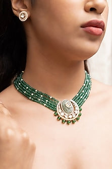 Gold Finish Green Beaded & Pearl Choker Necklace Set