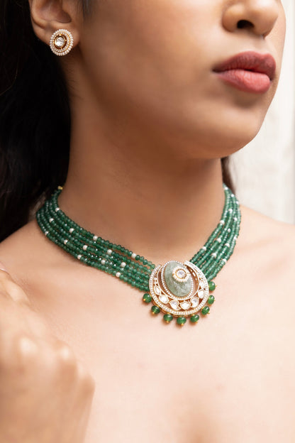 Gold Finish Green Beaded & Pearl Choker Necklace Set