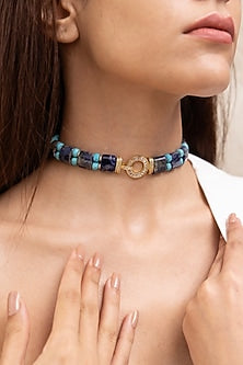 Gold Finish Indigo & Turquoise Stone Choker Necklace