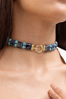 Gold Finish Indigo & Turquoise Stone Choker Necklace