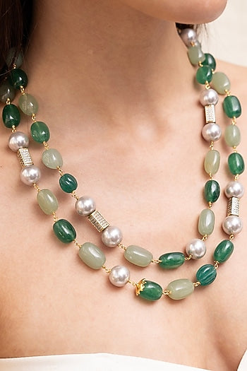 Gold Finish Pearl & Green Gemstone Layered Necklace