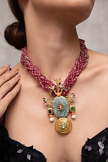 Gold Finish Ruby Beaded Pendant Necklace
