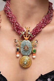 Gold Finish Ruby Beaded Pendant Necklace