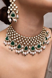 Gold Finish Kundan Polki & Emerald Green Beaded Choker Necklace