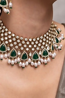 Gold Finish Kundan Polki & Emerald Green Beaded Choker Necklace