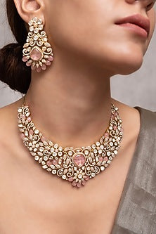 Gold Finish Pink Stone & Crystal Necklace