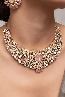 Gold Finish Pink Stone & Crystal Necklace