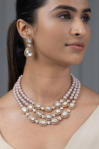 Gold Finish Grey Stone Necklace Set