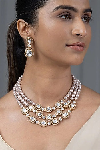Gold Finish Grey Stone Necklace Set