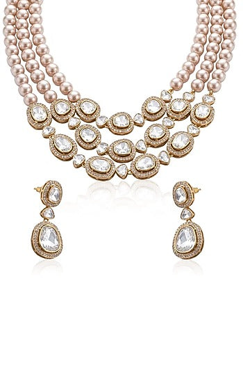 Gold Finish Grey Stone Necklace Set
