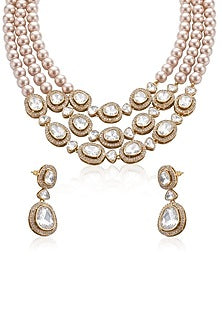 Gold Finish Grey Stone Necklace Set