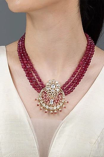 Gold Finish Red Stone Necklace Set