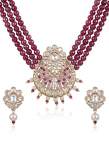 Gold Finish Red Stone Necklace Set