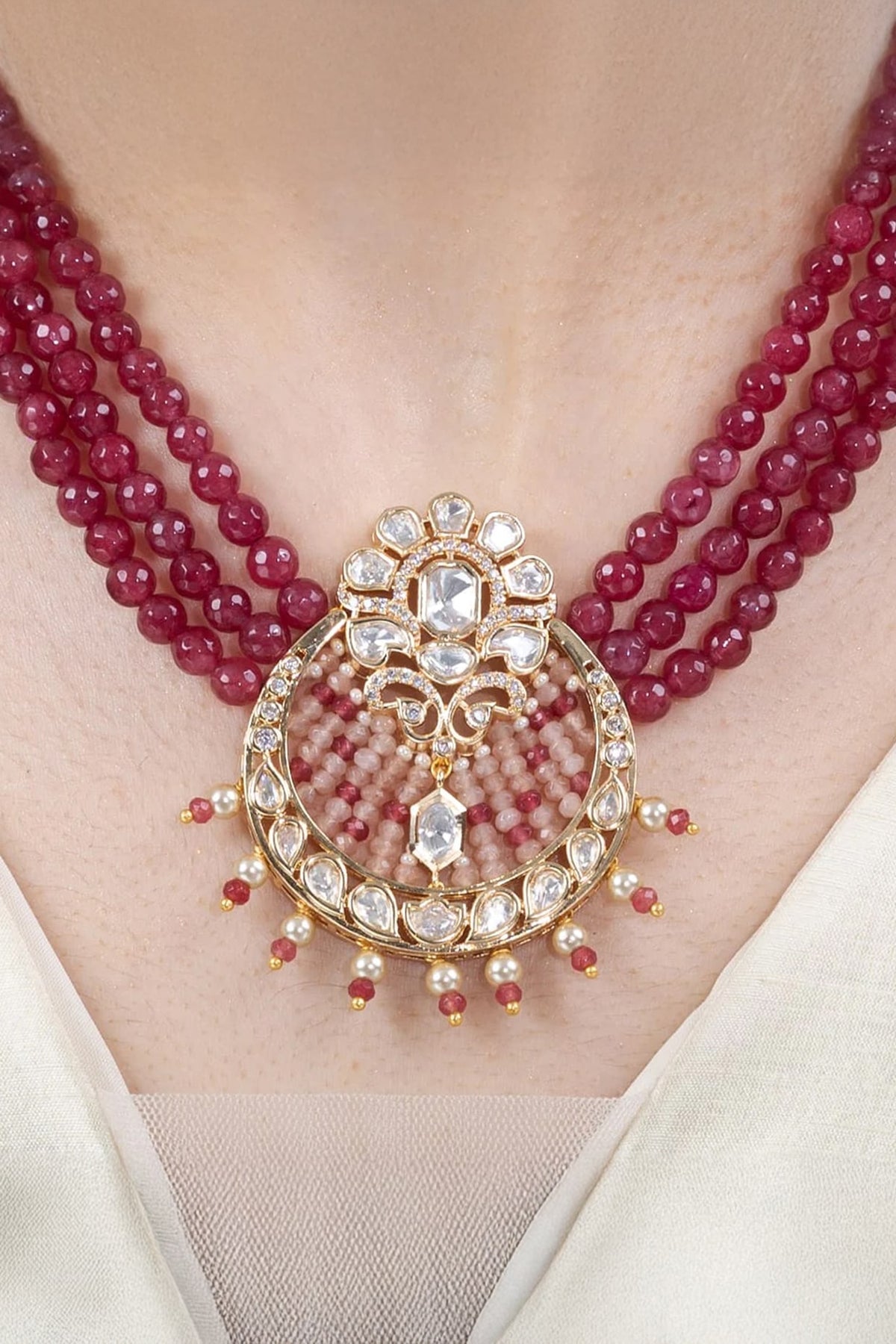 Gold Finish Red Stone Necklace Set