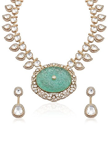 Gold Finish Green Stone Necklace Set