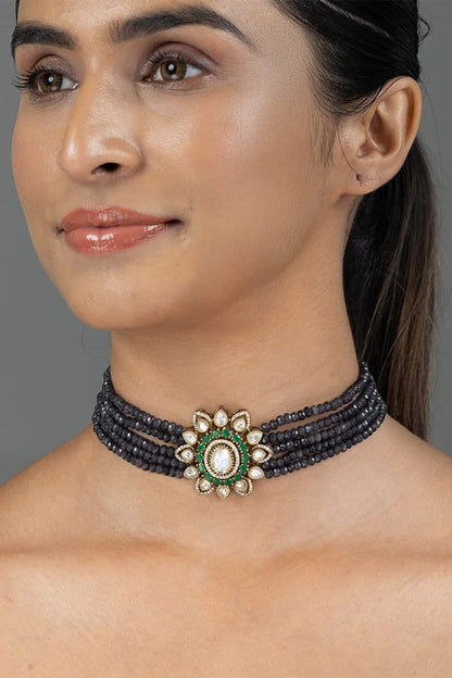 Gold Finish Blue Stone Necklace Set