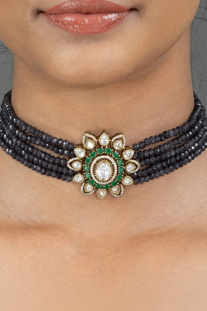 Gold Finish Blue Stone Necklace Set