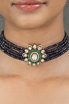 Gold Finish Blue Stone Necklace Set
