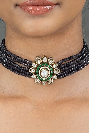 Gold Finish Blue Stone Necklace Set