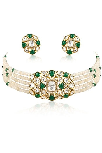 Gold Finish Green Stone Necklace Set
