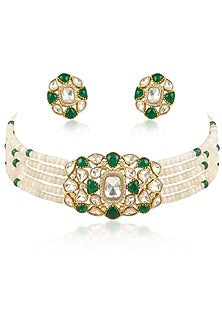 Gold Finish Green Stone Necklace Set