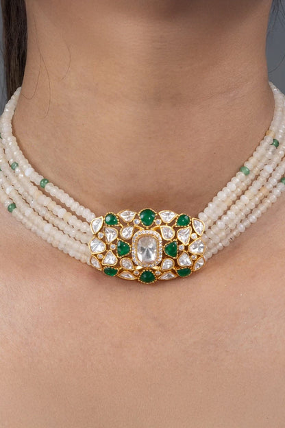 Gold Finish Green Stone Necklace Set