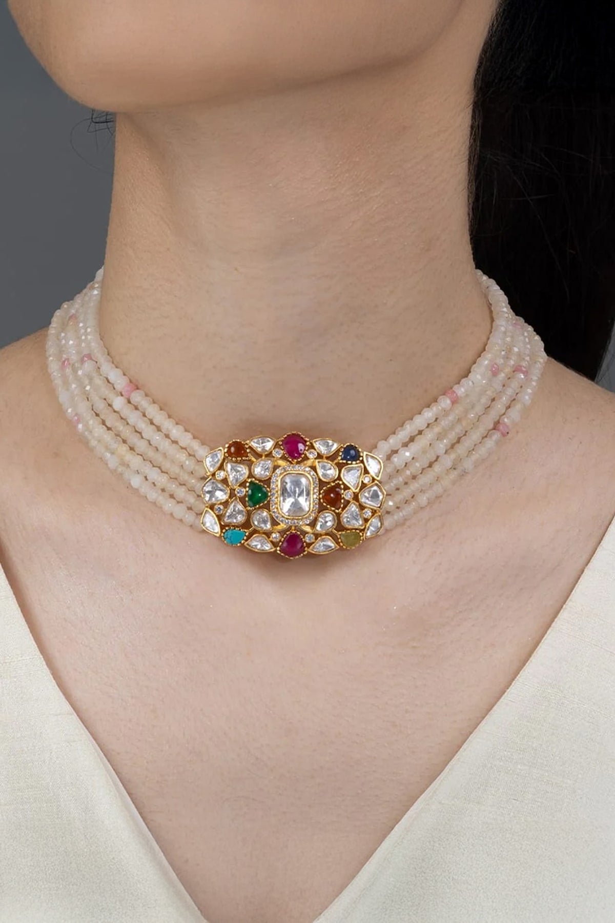 Gold Finish Multi-Colored Stone Necklace Set