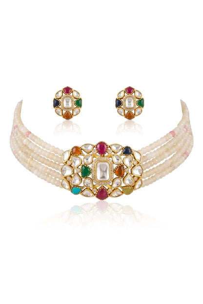 Gold Finish Multi-Colored Stone Necklace Set