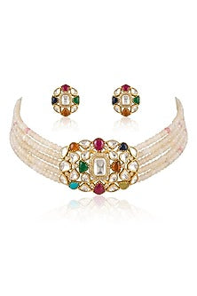 Gold Finish Multi-Colored Stone Necklace Set