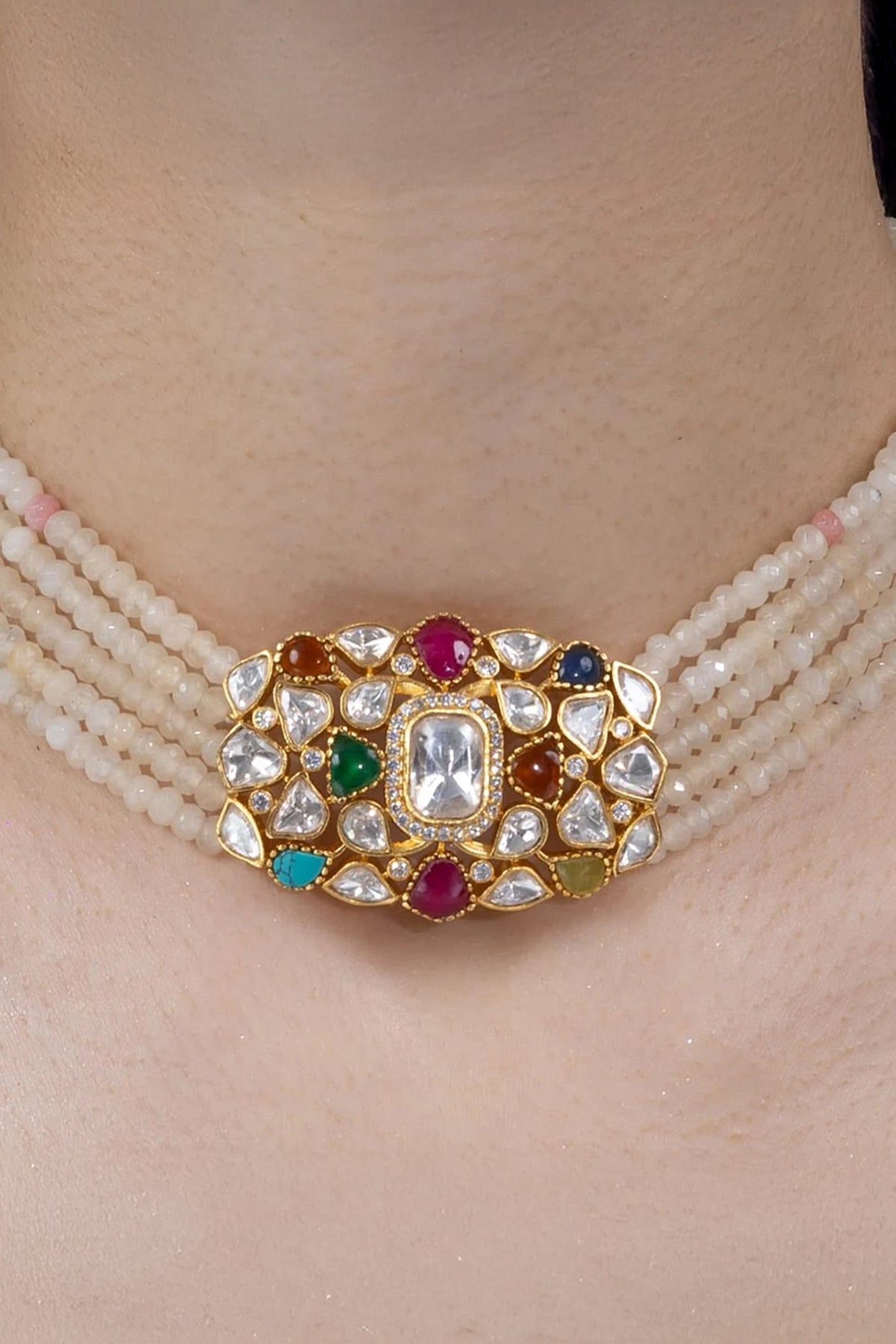Gold Finish Multi-Colored Stone Necklace Set