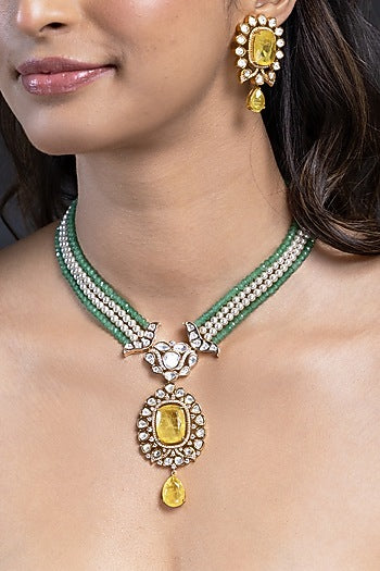 Gold Finish Green Stone Necklace Set