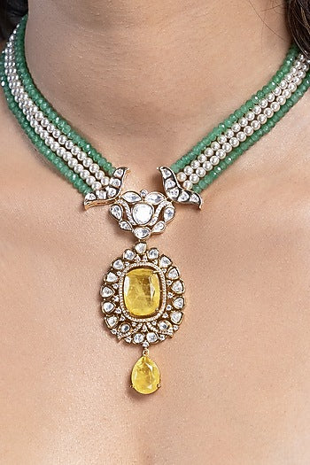 Gold Finish Green Stone Necklace Set