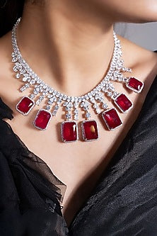 White Finish Crystal & Ruby Pendant Necklace Set