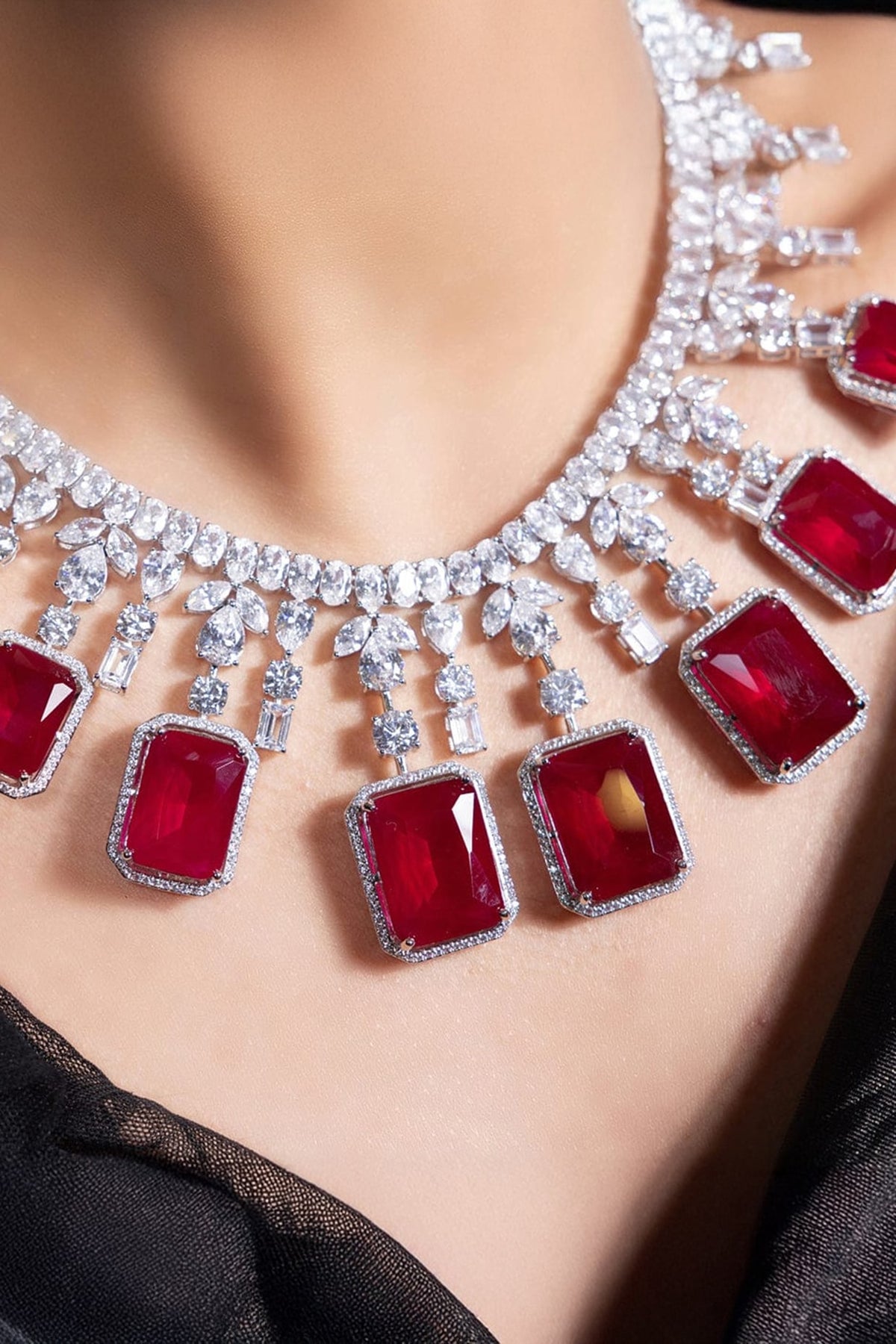 White Finish Crystal & Ruby Pendant Necklace Set