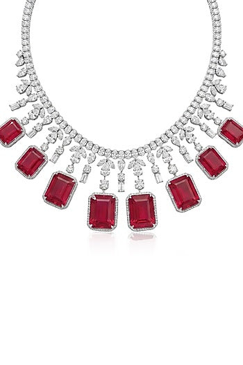 White Finish Crystal & Ruby Pendant Necklace Set