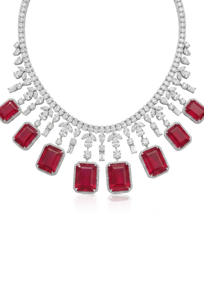 White Finish Crystal & Ruby Pendant Necklace Set