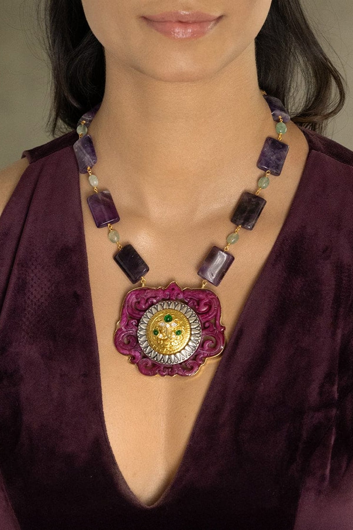 Gold Finish Multi-Colored Stone Necklace