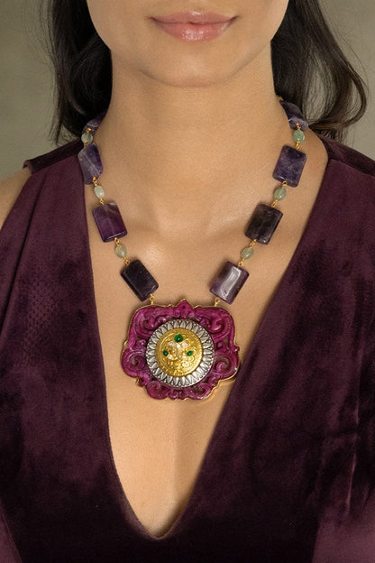 Gold Finish Multi-Colored Stone Necklace