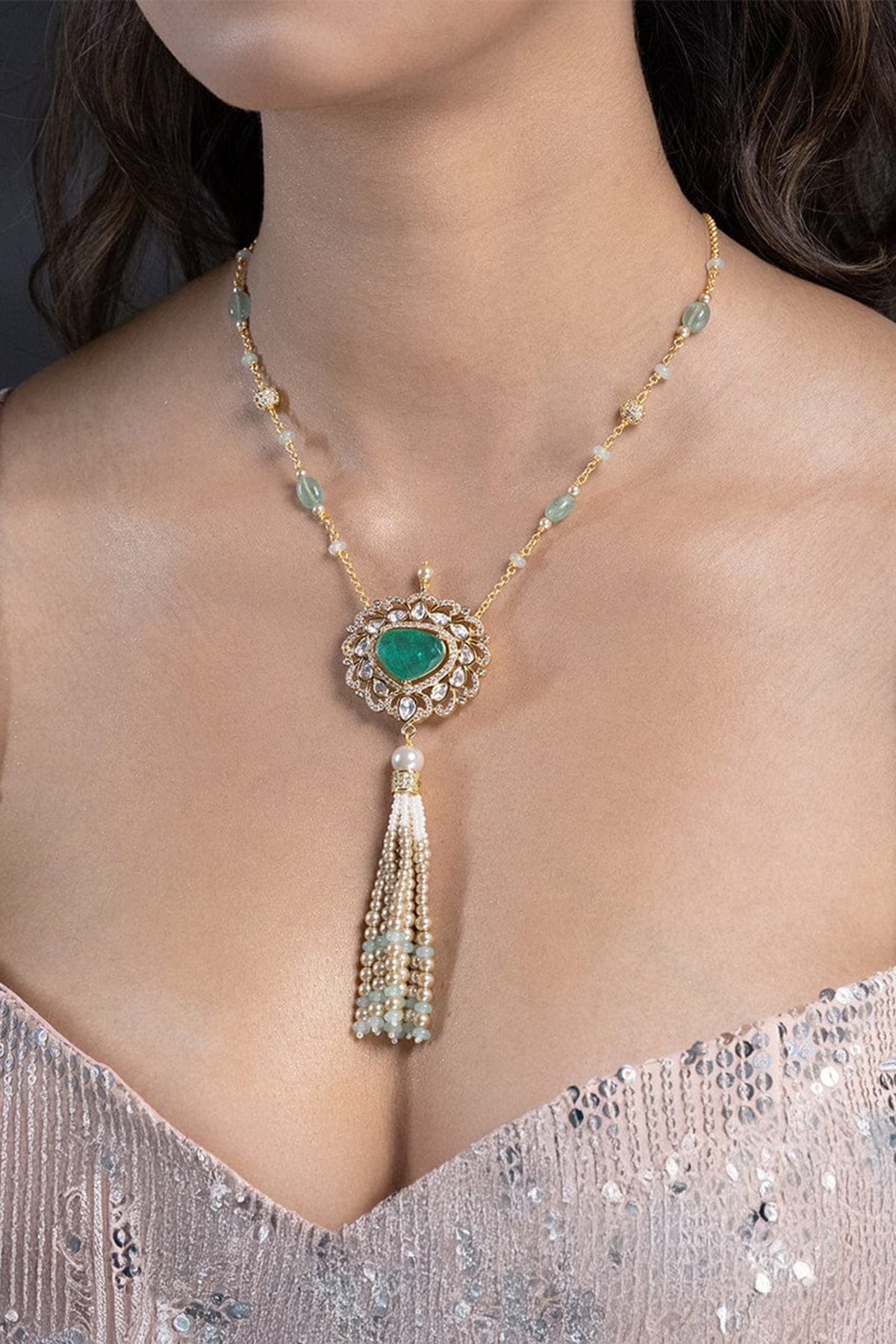 Gold Finish Green Stone Necklace